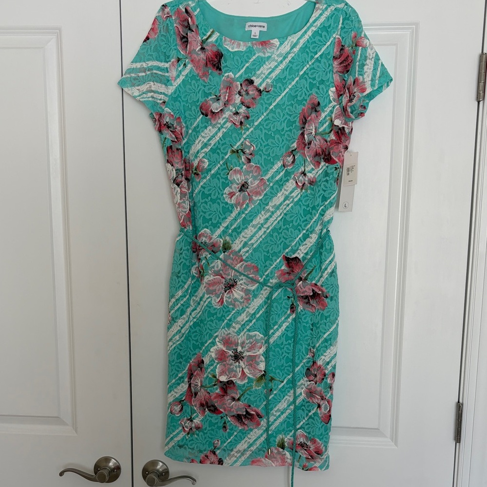 Floral Teal Lace Sheath Dress Lg